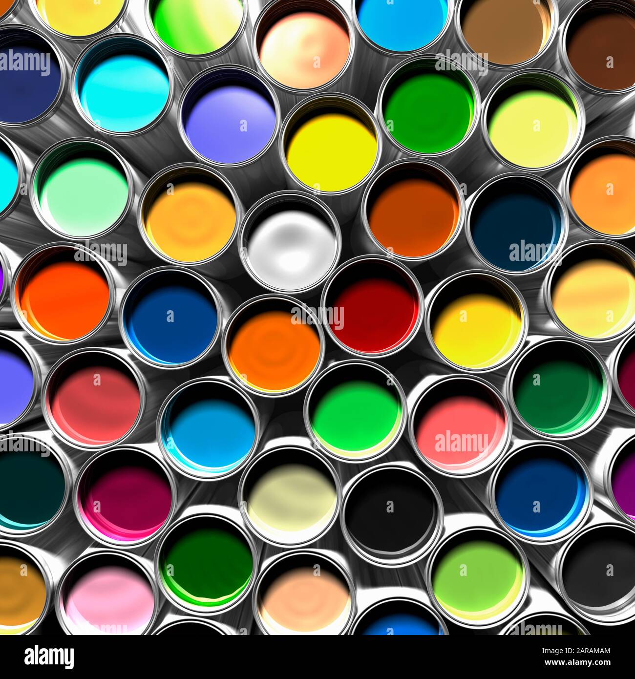 Öffnen Sie Farbdosen voller Farbe. Overhead-Ansicht. Ein Frischer Anstrich, ein Lack Stockfoto