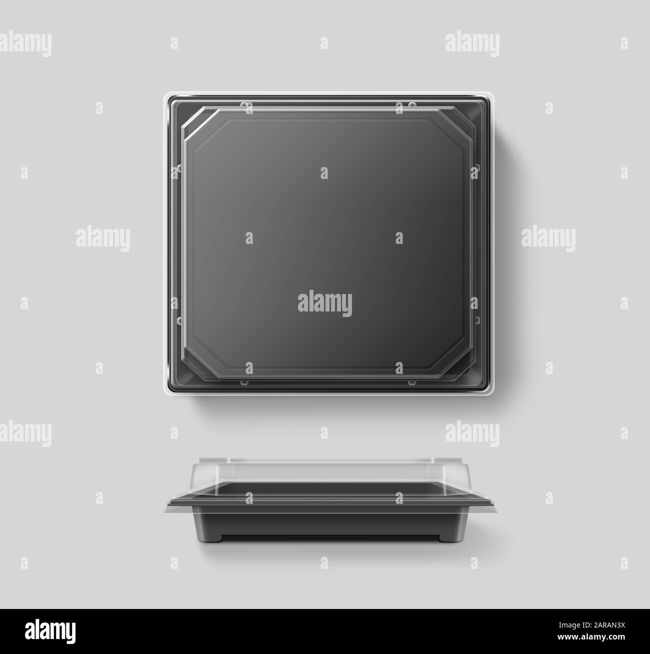 Große leere Kunststoff Einweg-Lebensmittelbehälter Mockup, transparenter Deckel Stockfoto