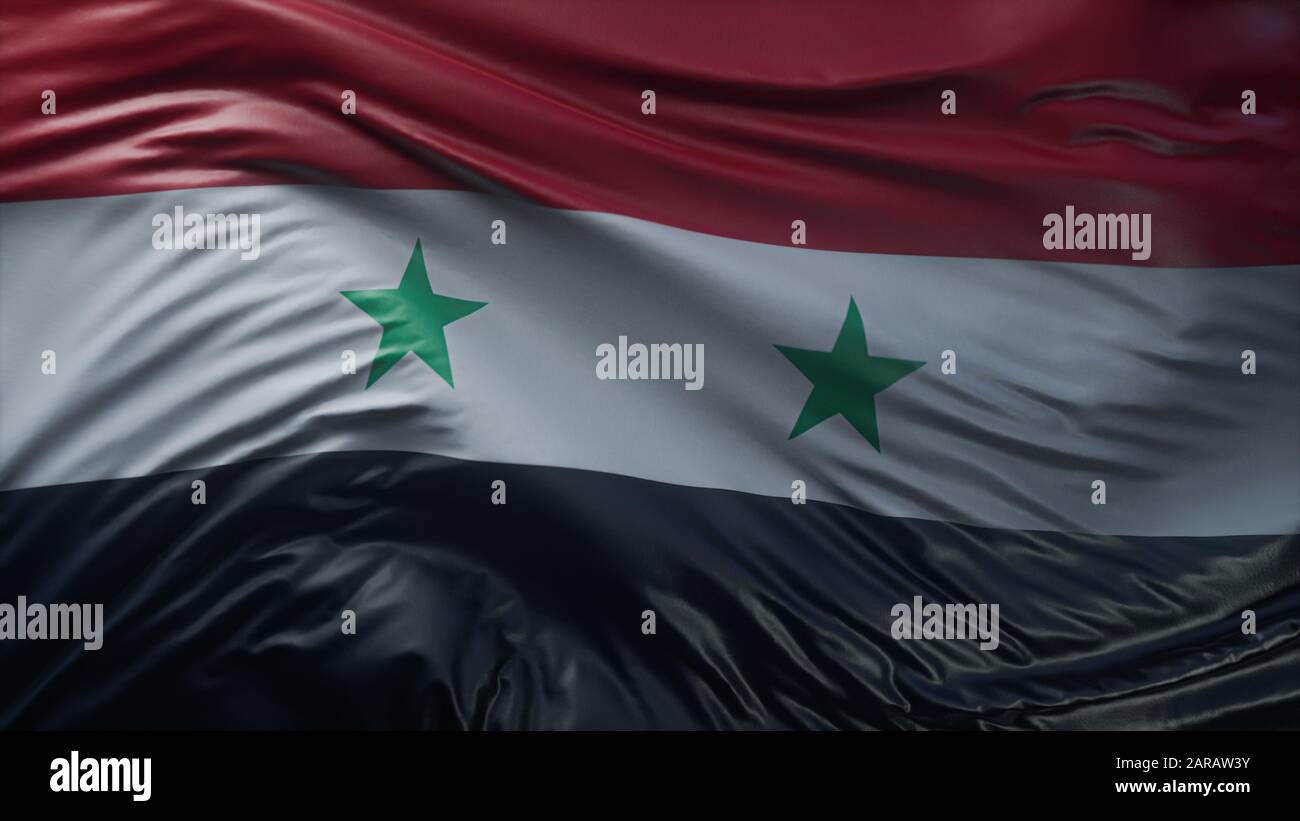 Nationalflagge der Freiheit Syrien auf einem winkenden Baumwolltextur Hintergrund - 3D Rendering Stockfoto
