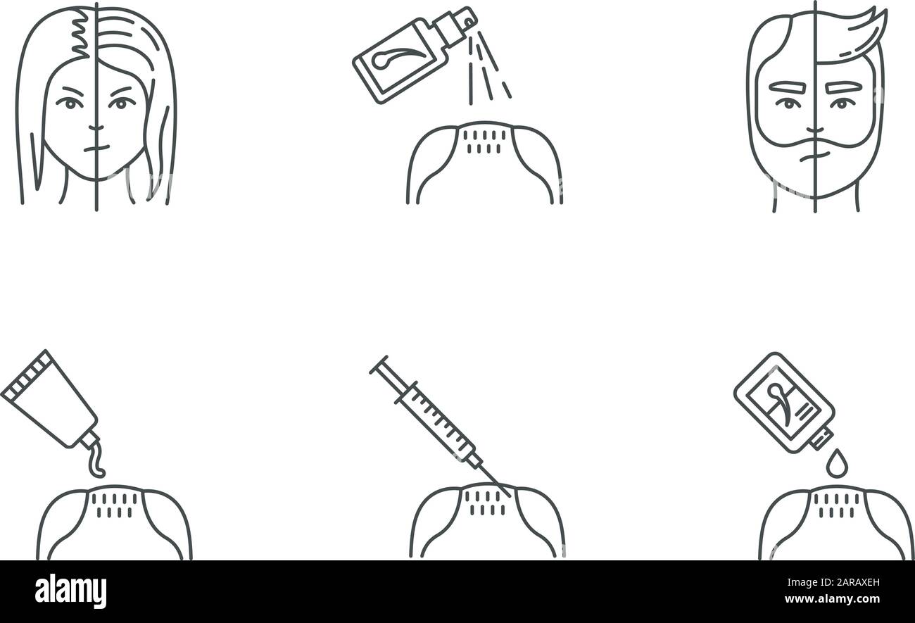 Haarausfall Pixel perfekte lineare Symbole gesetzt. Männliche Alopezie. Weibliche Balzbildung. Produkte für Haarausfall. Anpassbare Kontursymbole mit dünnen Linien. Isoliertes Vecto Stock Vektor