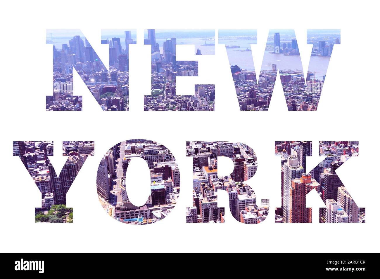 New Yorker Schild - Name der Stadt mit Hintergrundfoto auf der Postkarte. Stockfoto