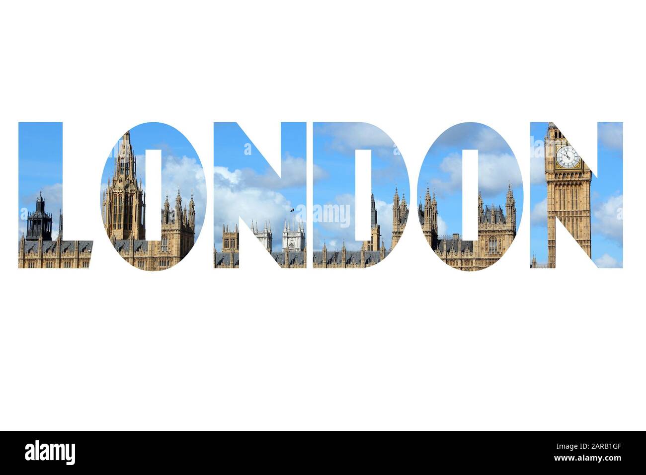London UK - Name der Stadt mit Foto im Hintergrund. Isoliert auf weiß. Stockfoto