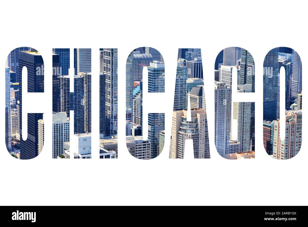 Name der Stadt Chicago - Schild mit Reiseziel in den USA auf weißem Hintergrund. Stockfoto