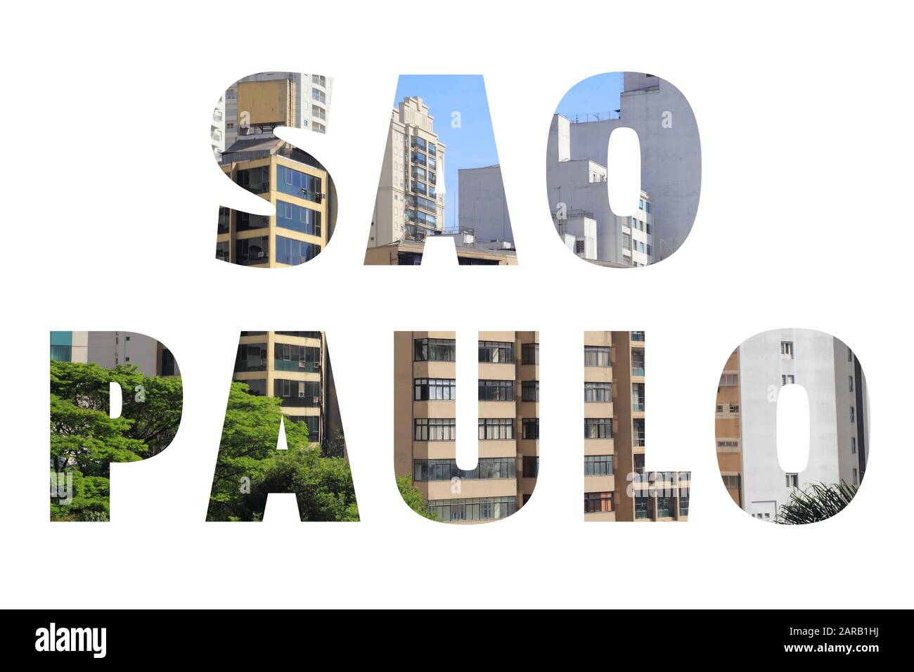 Sao Paulo Schild - Stadtname mit Hintergrundfoto auf der Postkarte. Stockfoto