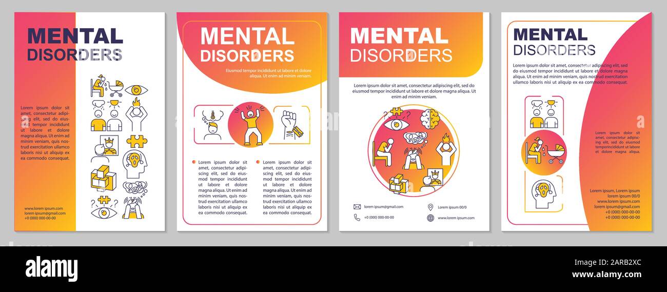 Prospektvorlage für psychische Störungen. Psychiatrische Probleme. Psychische Erkrankungen. Flyer, Broschüre, Broschürendruck, Coverdesign mit linearen Symbolen. Vecto Stock Vektor