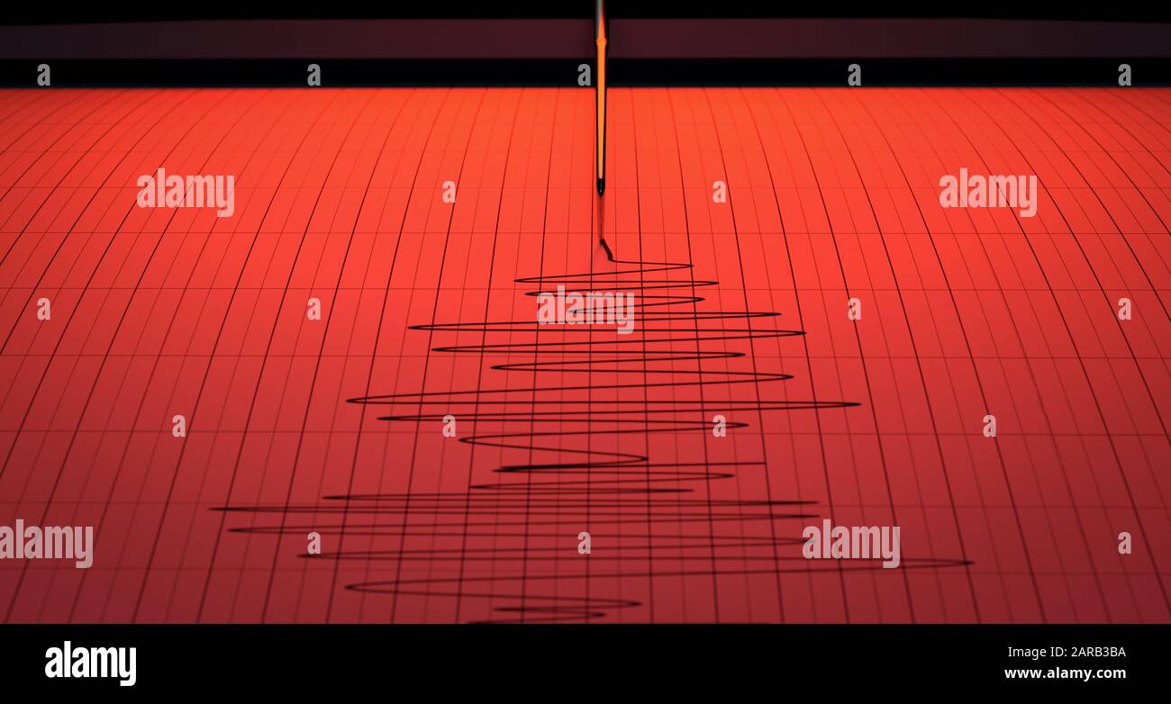 Rote Warnung eine Nahaufnahme eines Seismographen Maschine Nadel Zeichnung ein auf Graphpapier Darstellung seismische und Erdbeben-Aktivität - 3D-Rendern Stockfoto