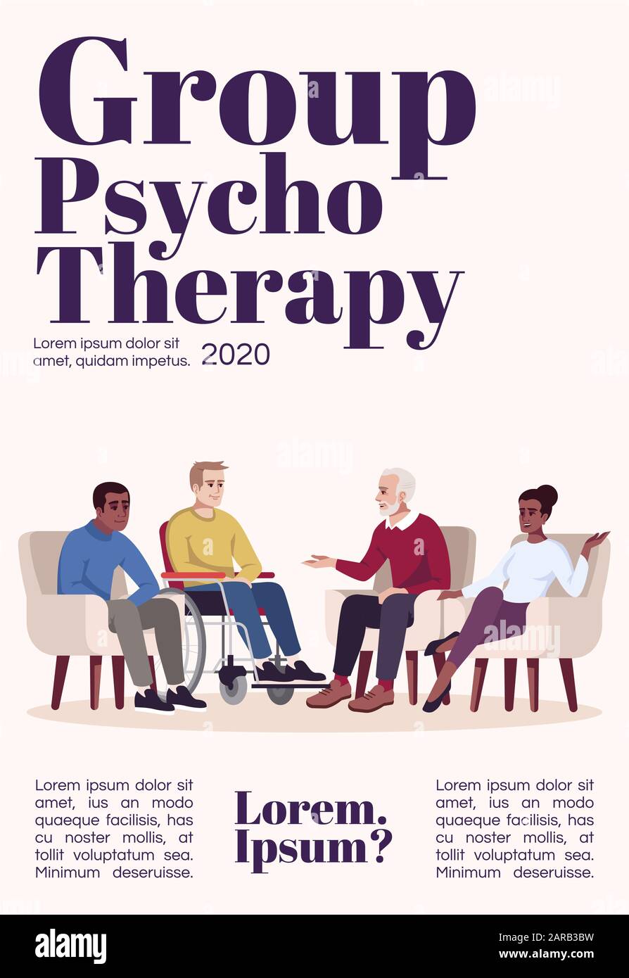 Die Vorlage für das Magazin "Gruppenpsychotherapie". Psychologieberatung. Sprechtherapie. Taschenaufsteckdesign. Vektorseitenlayout mit flachem Zeichen. Adv Stock Vektor