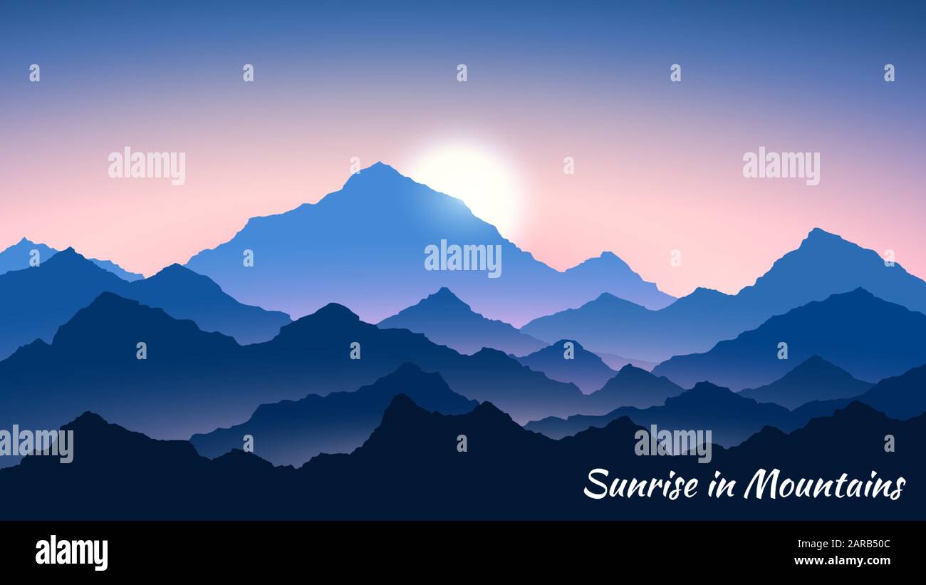 Sonnenaufgang in den Bergen. Berglandschaft am Morgen. Wandern - Blick auf den Morgen. Vektorhintergrund Stock Vektor