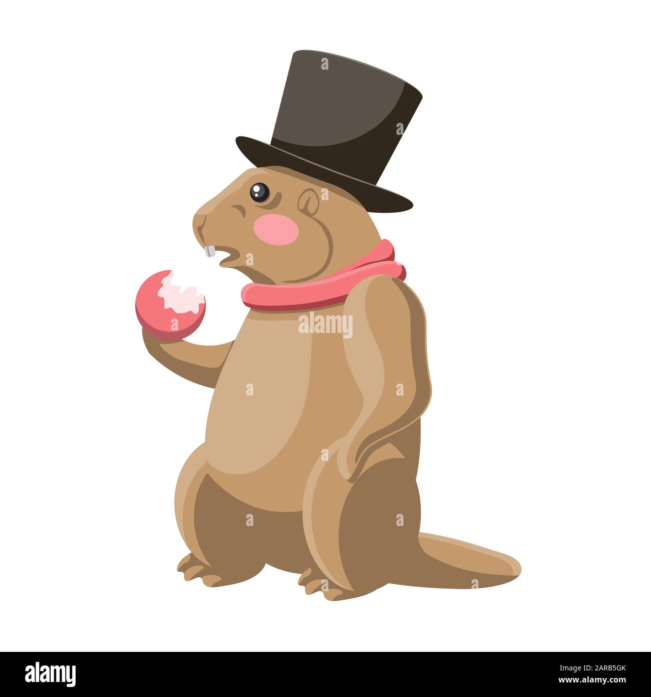 Ein Groundhog isst einen Apfel in Hut und Schal auf einem weiß isolierten Hintergrund. Vektorbild. Stock Vektor