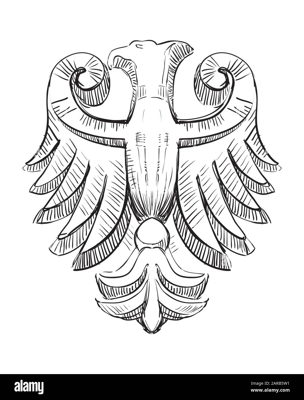 Alte Schnitzvignette aus Italien. BAS-Skulptur und dekorativer Steinadler, Vektorhandzeichnung in schwarzer Farbe isoliert auf weißem Backgr Stock Vektor