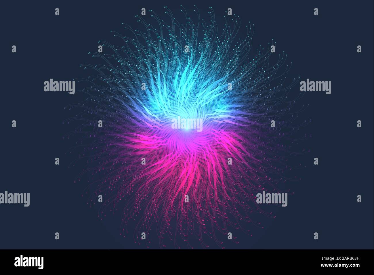 Erweiterung des Lebens. Bunte explosion Hintergrund mit angeschlossenen Leitung und Punkten, Wave fließen. Visualisierung Quantum Technologie. Abstrakte Grafik Stock Vektor