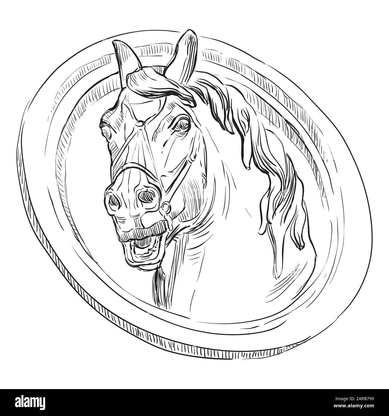Altes Vintage-Basrelief in Form eines Pferdekopfes, Vektorhandzeichnung in schwarzer Farbe isoliert auf weißem Hintergrund Stock Vektor
