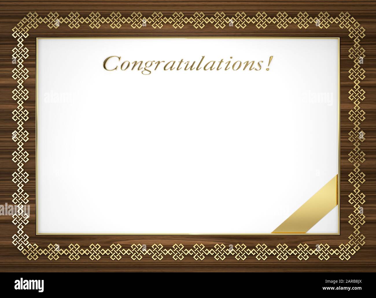 Award Board mit Vintage-Endless-Muster und den Worten "Herzlichen Glückwunsch". Maske, Alphakanal. 3D-Abbildung. Stockfoto