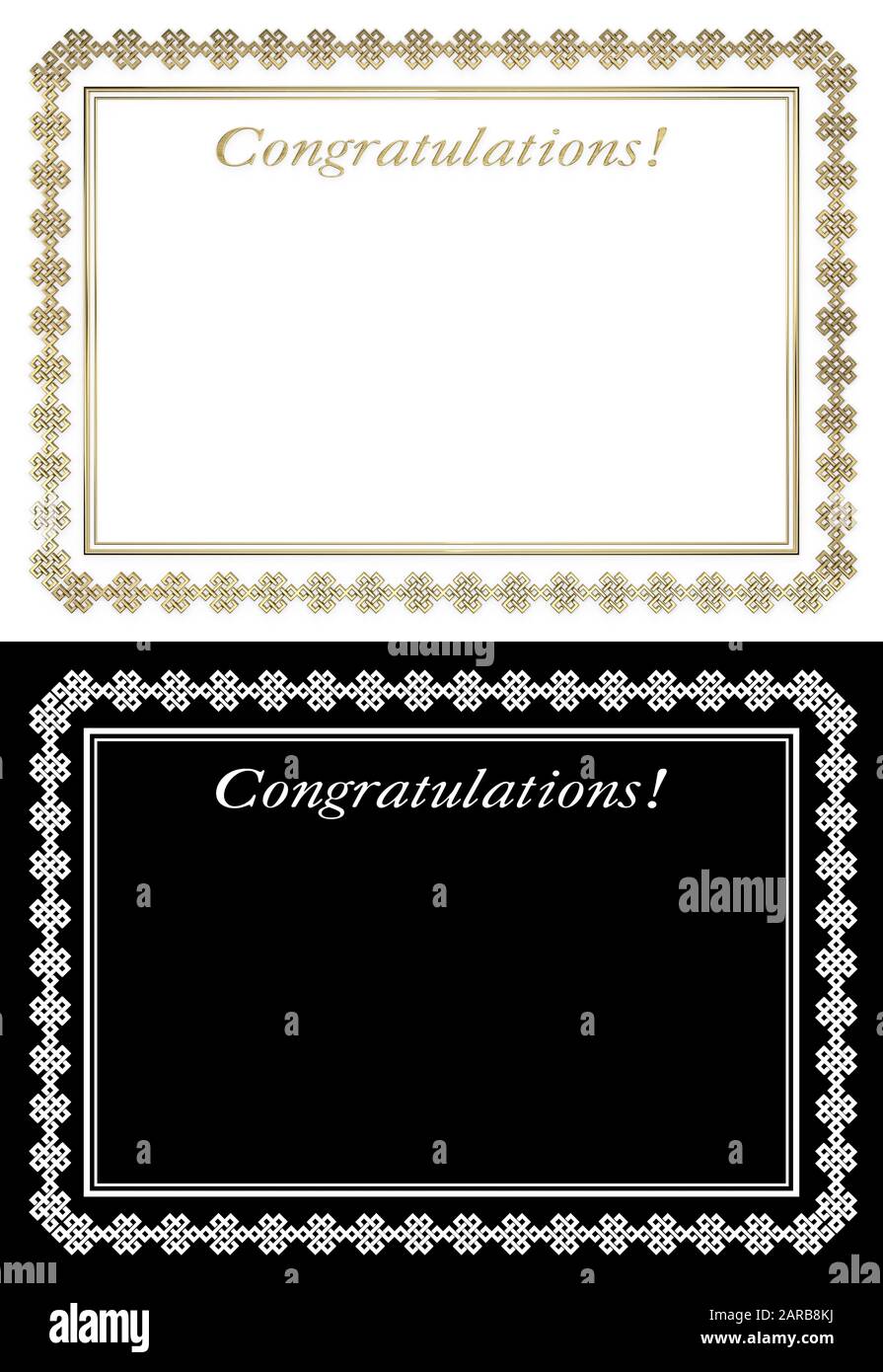 Award Board mit Vintage-Endless-Muster und den Worten "Herzlichen Glückwunsch". Maske, Alphakanal. 3D-Abbildung. Stockfoto