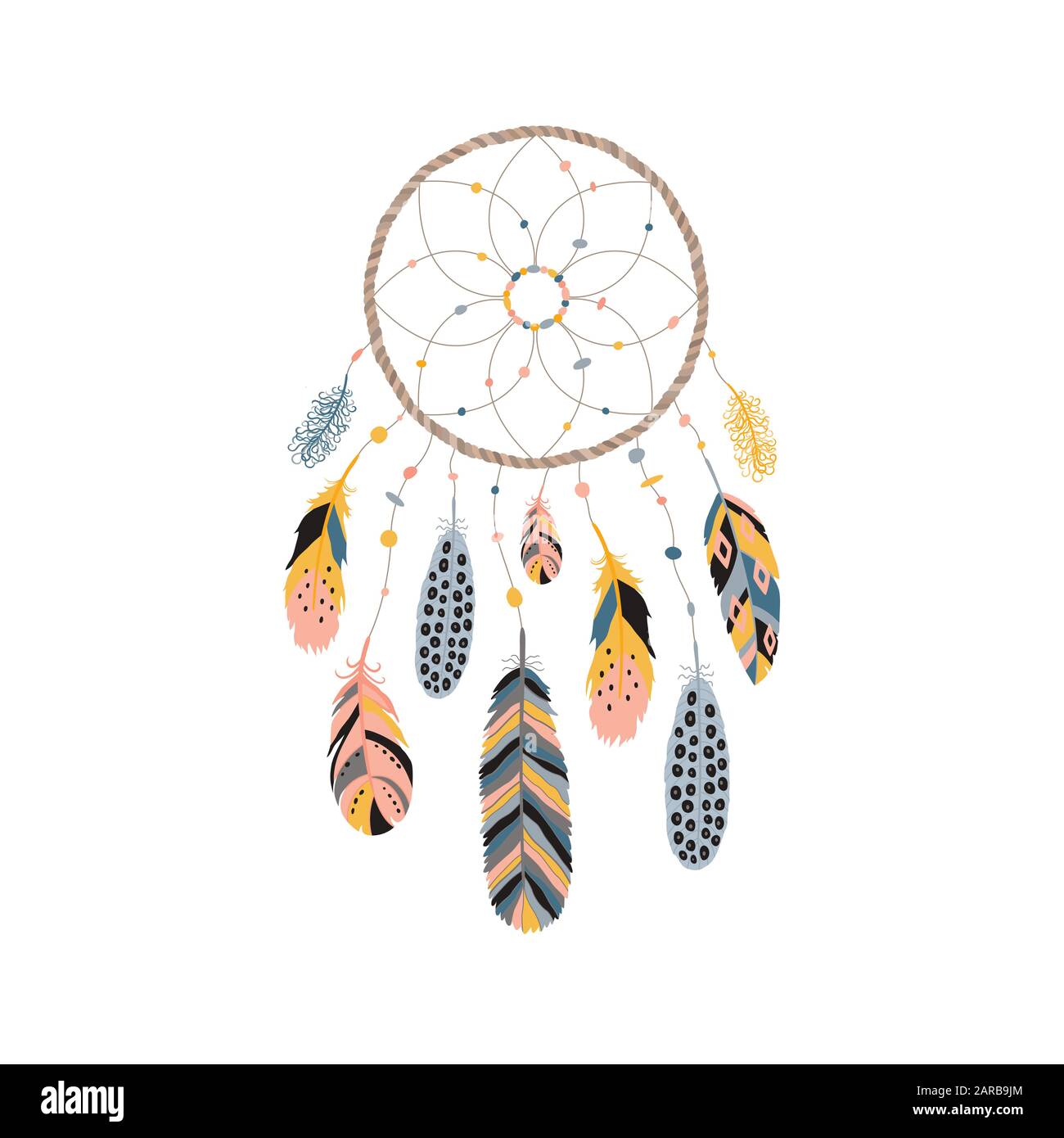 Traumfänger mit Federn, Juwelen und bunten Edelsteinen. Das Symbol für die Astrologie, Spiritualität. Ethnisches Stammeselement. Stock Vektor