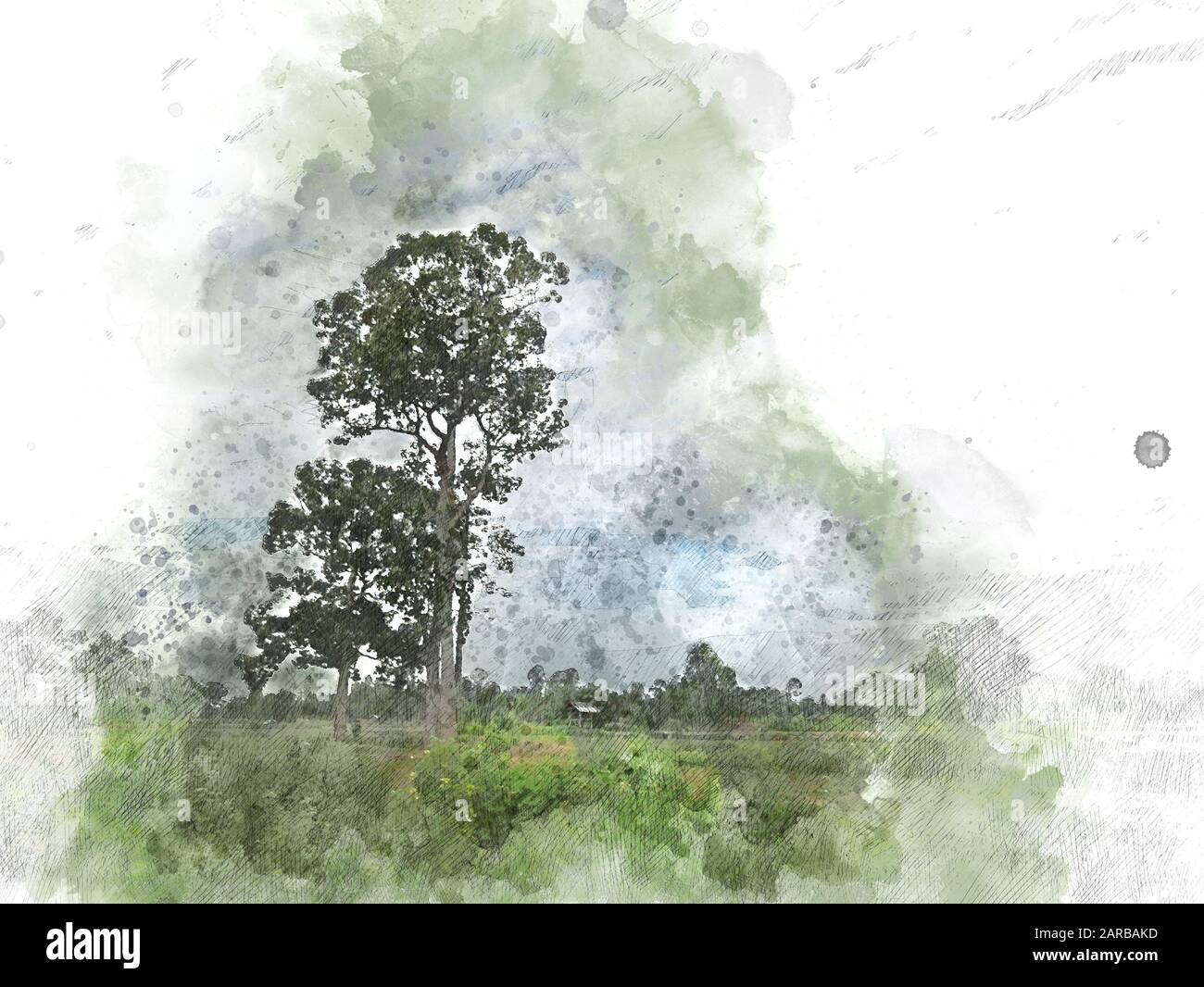 Abstrakte farbenfrohe baum landschaft auf Aquarell illustration Malerei Hintergrund. Stockfoto