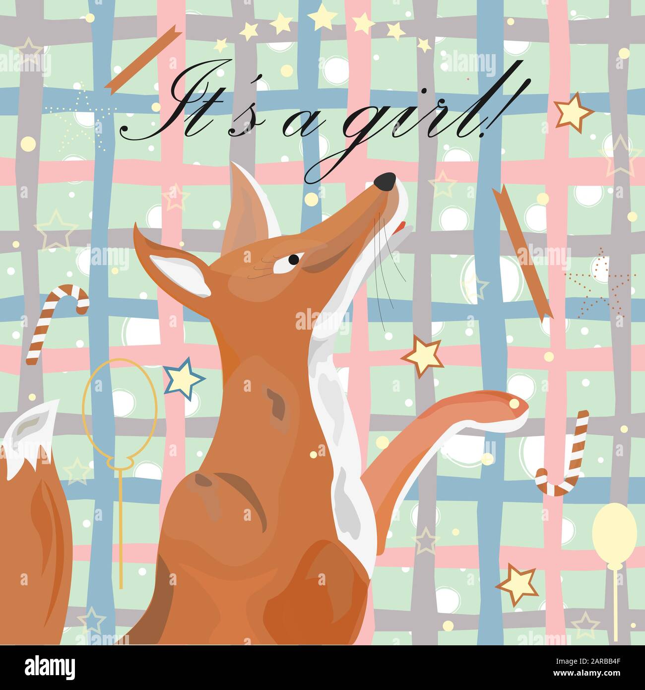 Baby Mädchen Geburt Ansage. Cute Fox verkündet die Ankunft eines Babys, Mädchen. Vector Illustration Stock Vektor
