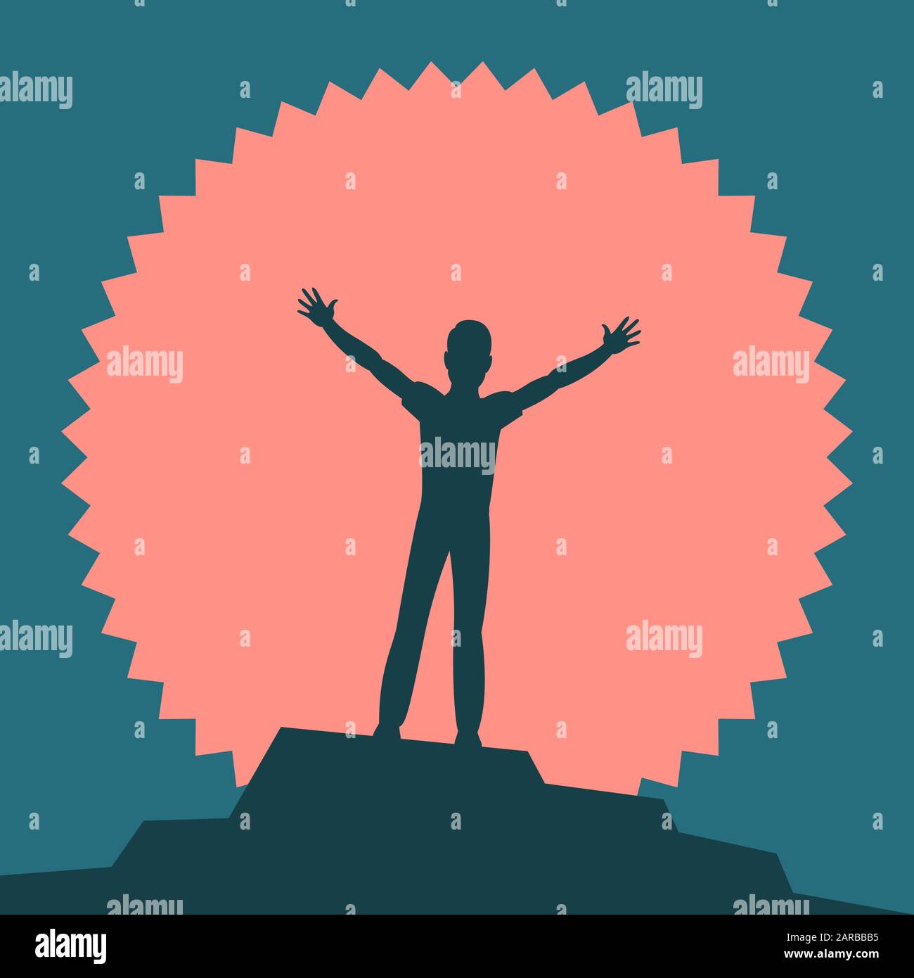Silhouette eines Mannes. Ein Mann steht oben und hebt triumphierend die Hände hoch. Im Hintergrund sind verschneite Berge und rote Sonne. Vektor flache Illusion Stock Vektor