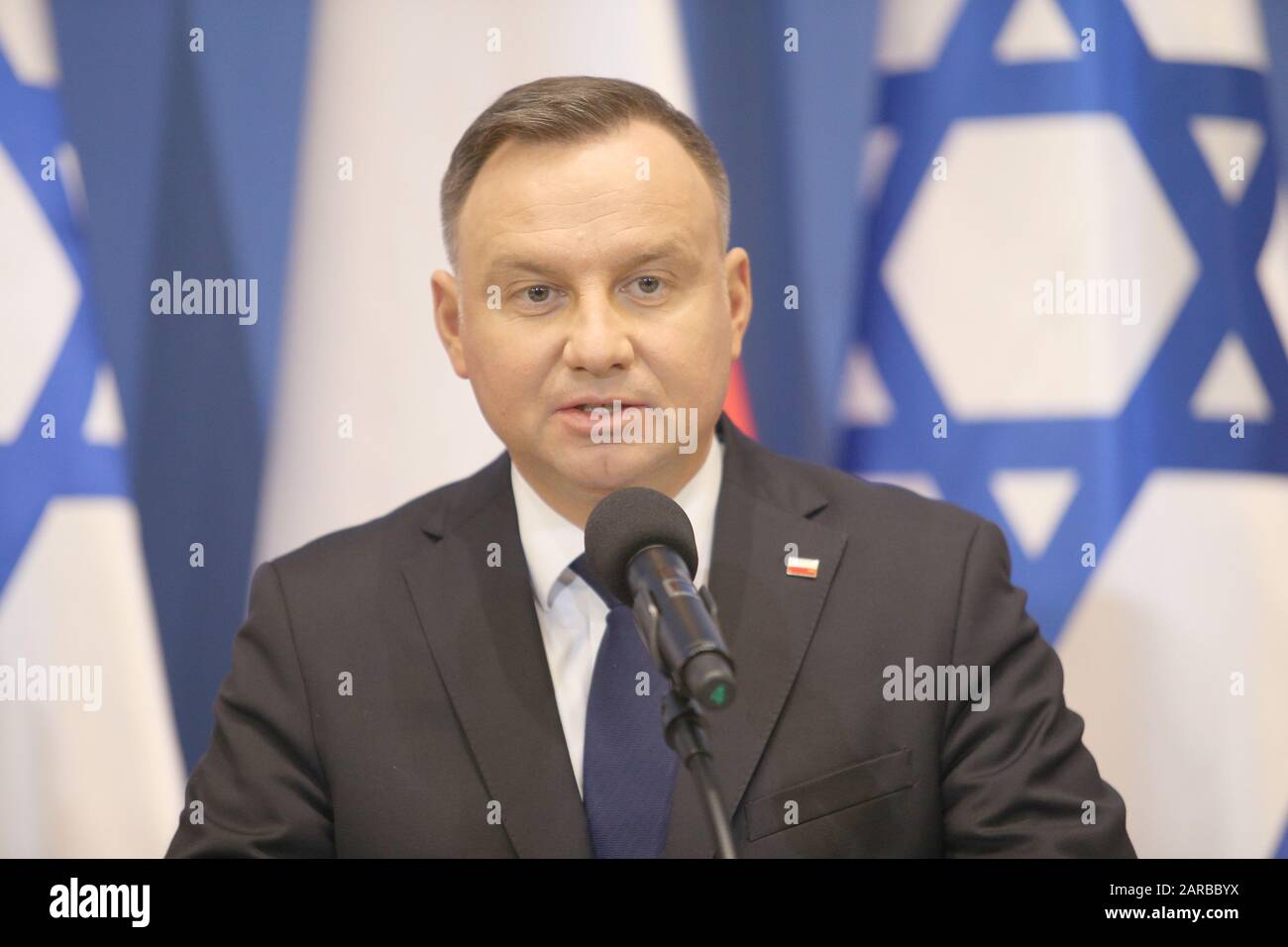 Oswiecim, Polen. Januar 2020. Erklärungen des Präsidenten der Republik Polen Andrzej Duda und des Präsidenten Israels Reuwen Riwlin für die Medien. 75. Jahrestag der Befreiung von Auschwitz und des Holocaust-Gedenktages. Das größte deutsche NS-Konzentrations- und Vernichtungslager KL Auschwitz-Birkenau wurde am 27. Januar 1945 von der Roten Armee befreit. Credit: Damian Klamka/ZUMA Wire/Alamy Live News Stockfoto