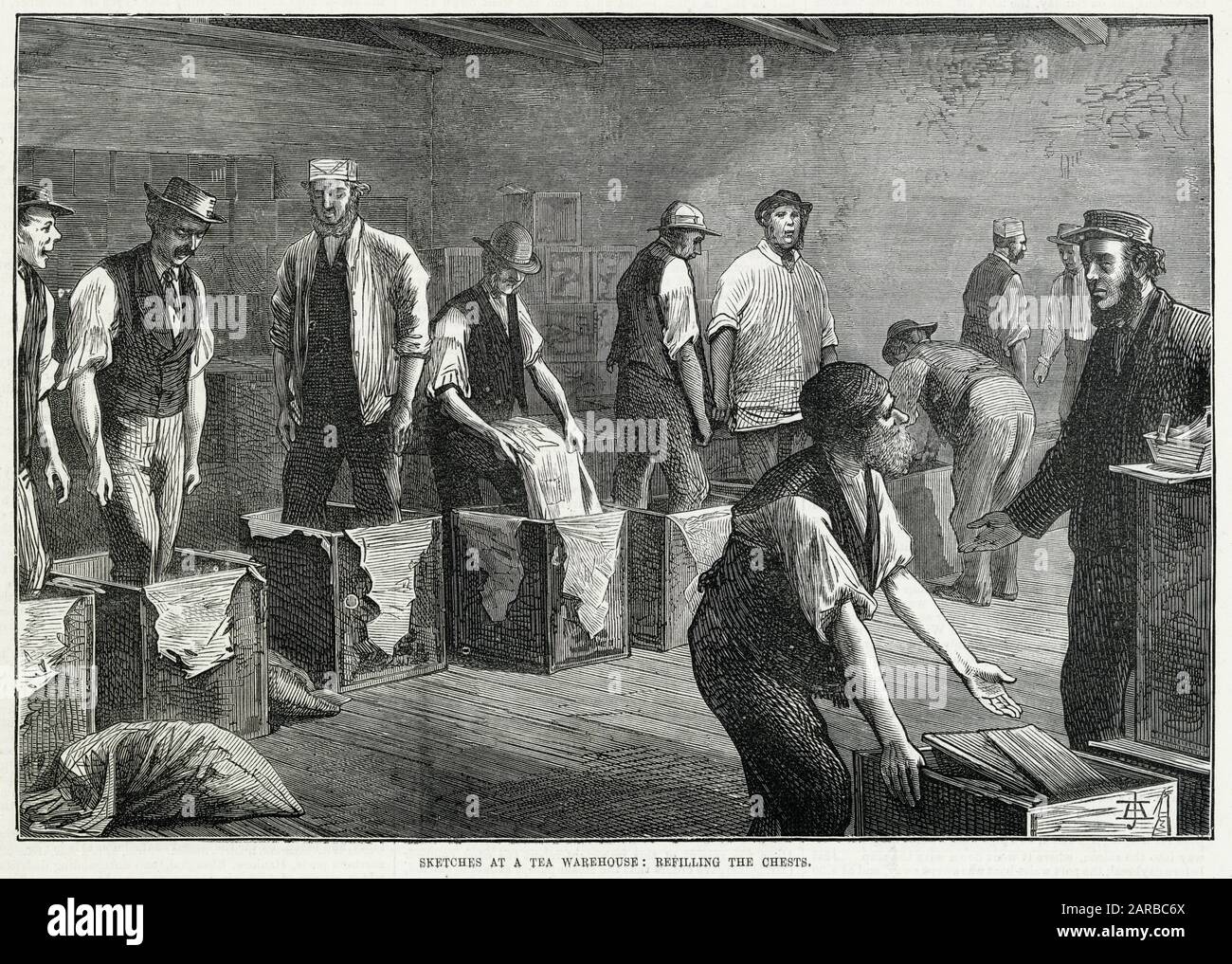 Nachfüllen von Truhen in einem Teelager 1874 Stockfoto