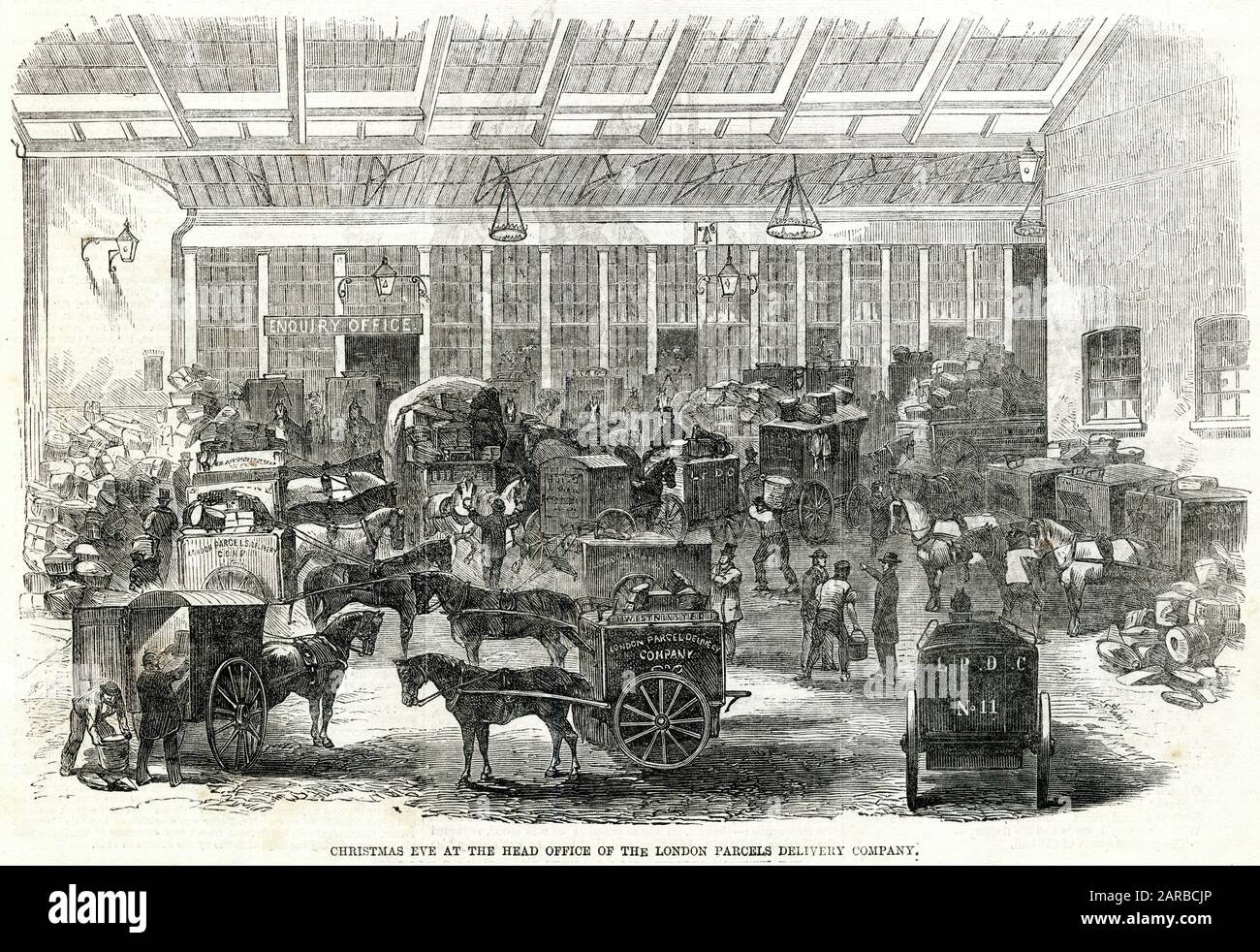 London Parcels Delivery Company, Hauptsitz im Rolls-Gebäude, Fetter-Lane, London. Der Hof mit Hektik und Aktivität wartet auf ihre Aufgabe. Datum: 1862 Stockfoto