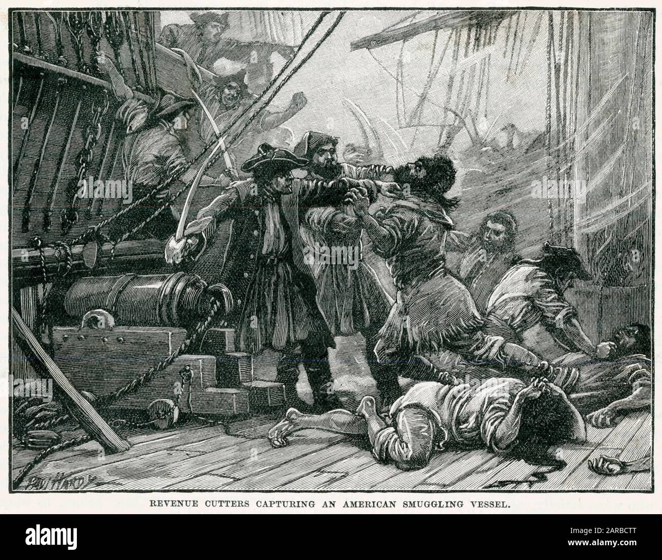 Britische Einnahmejäger fangen ein amerikanisches Schmuggelschiff ein. Datum: Ca. 1770 Stockfoto