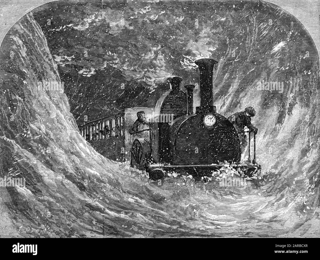 Ein Nachtzug, der von einer Schneeverwehung in Nordengland oder Schottland angehalten wurde: "Dieser Teil des Landes wurde stellenweise unter Schnee bis in die Tiefe von zehn oder zwölf Fuß verlegt. Datum: 1858 Stockfoto