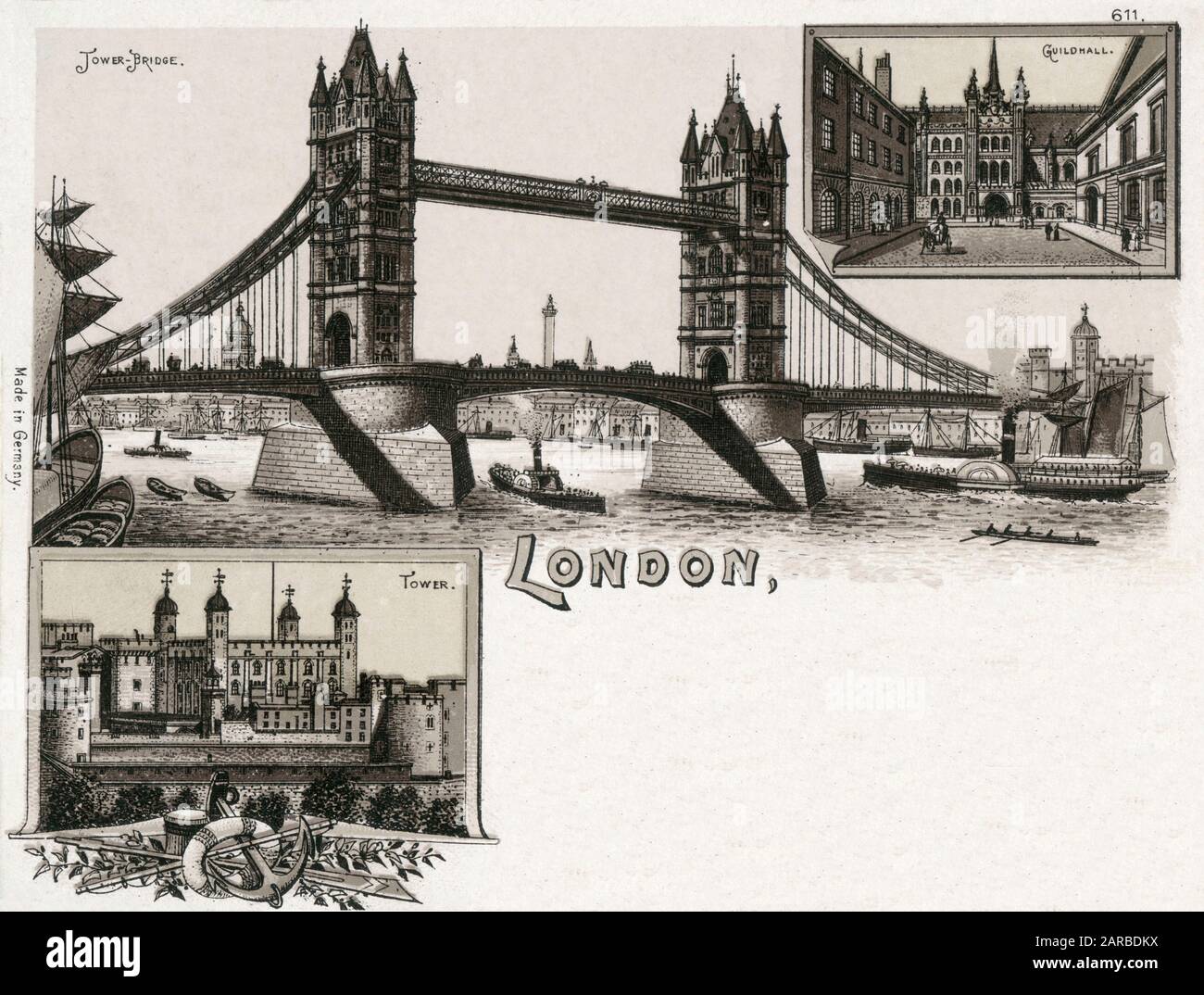 Frühe bildliche Postkarten - Platzierung von Gerichtskarten - Szenen und Sehenswürdigkeiten von London - der Tower of London, die Tower Bridge (drei Jahre früher im Jahr 1894 eröffnet) und die Guildhall. Stockfoto