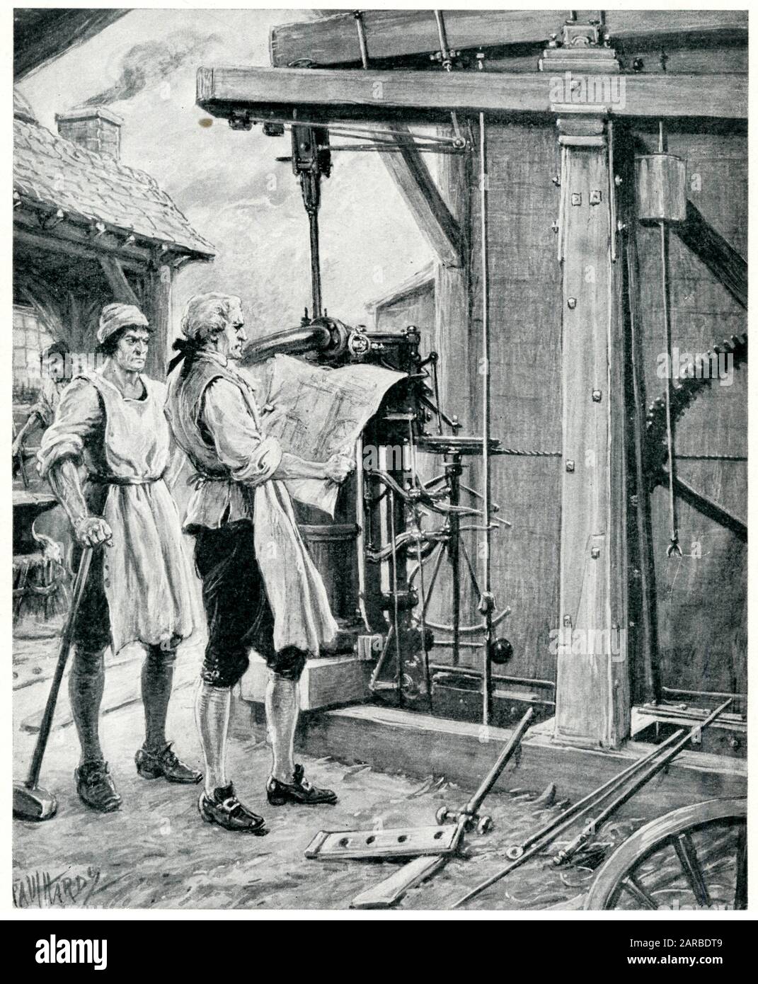 James Watt, schottischer Ingenieur, bei der Arbeit an der Dampfmaschine. Stockfoto