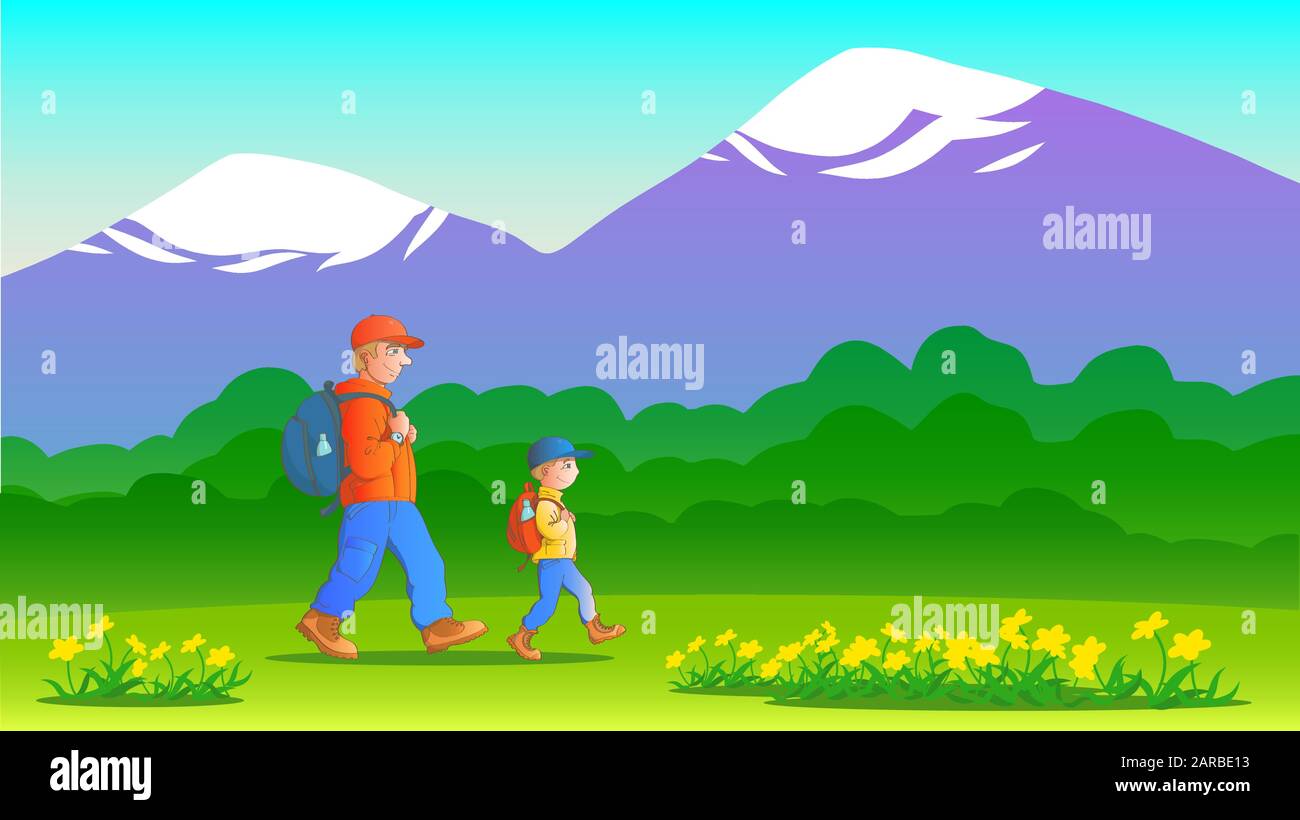 Vater und Sohn mit Rucksäcken begeben sich auf einen Sommerausflug auf dem Hintergrund einer schönen Landschaft mit Wald und schneebedeckten Bergen. Abbildung im Zeichentrickfilm Stock Vektor