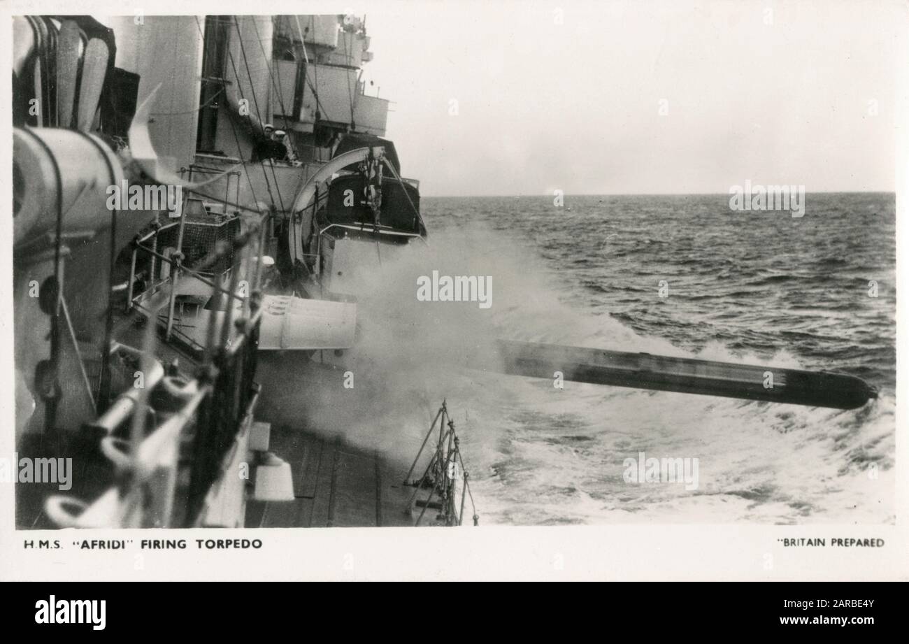 Ein Torpedo wurde von HMS Afridi abgefeuert - Großbritanniens größtem Zerstörer (zu dieser Zeit). Stockfoto