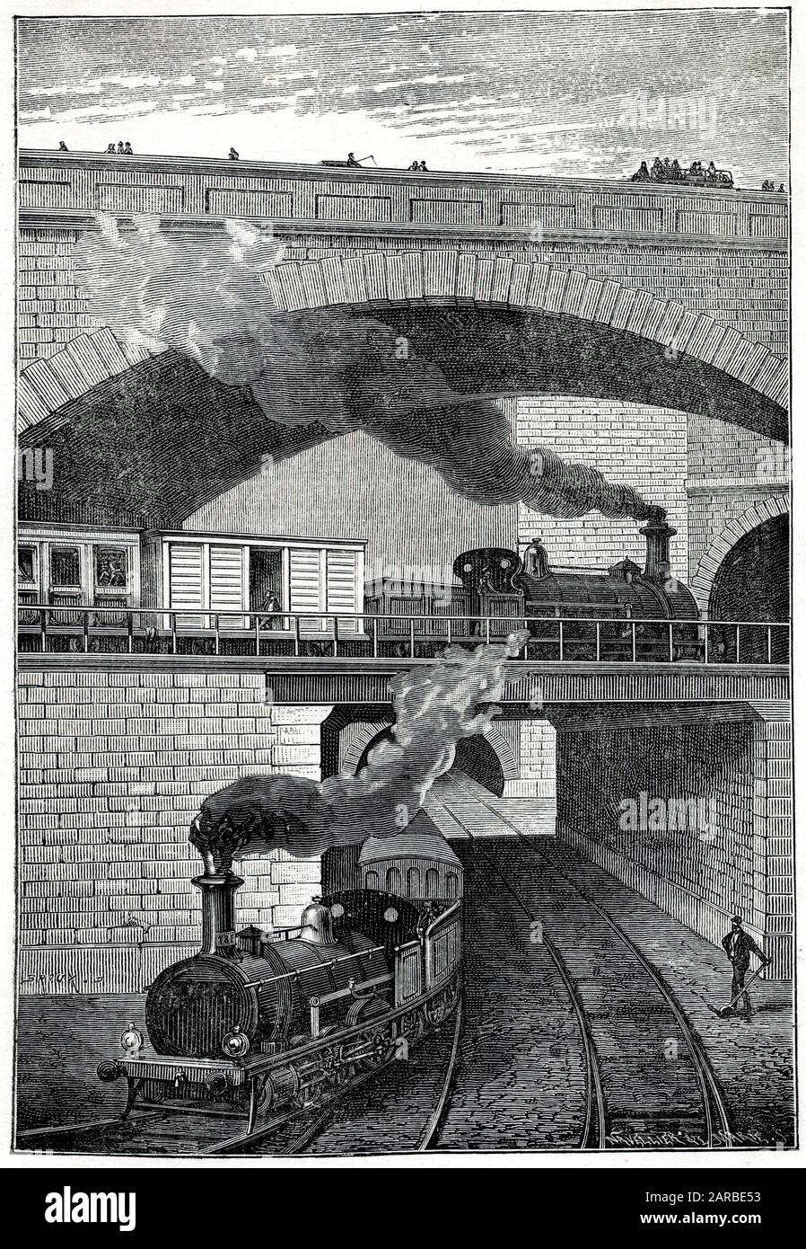 Londoner U-Bahn, Doppeltunnel bei Clerkenwell, mit zwei Dampflokomotiven, die übereinander fahren. Stockfoto