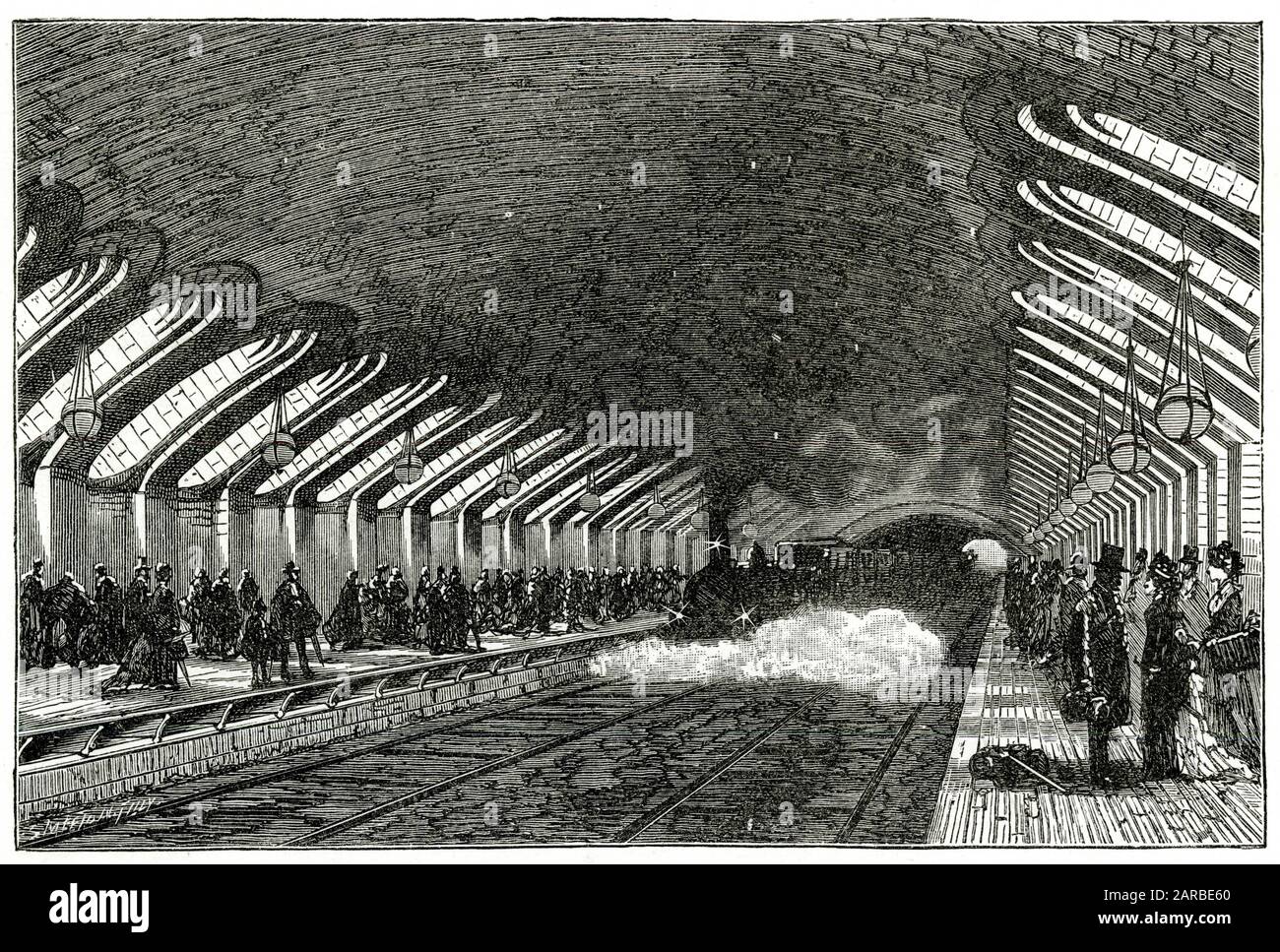 Ein Zug kommt an der U-Bahn-Station Baker Street, London, auf der Metropolitan Line an: Das hohe Dach wird benötigt, weil die ersten Züge von Dampfloks gezogen werden. Datum: 1881 Stockfoto