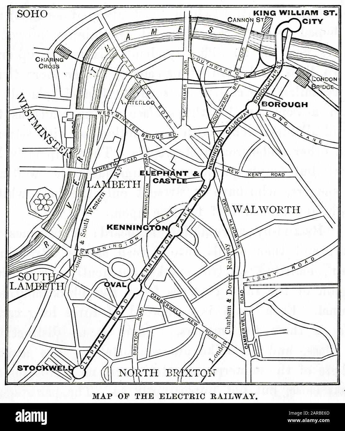 Karte mit U-Bahn- und Überlandstationen, die die Stadt mit dem Süden Londons verbinden. Die Überlandlinien sind die London & South Western Railway und die London Chatham & Dover Railway, die London Bridge, Cannon Street, Waterloo und Charing Cross bedienen. Die U-Bahn-Linie hieß City Line (jetzt Teil der Northern Line) und verläuft von City (jetzt Bank) nach Stockwell über Borough, Elephant & Castle, Kennington und Oval. Stockfoto