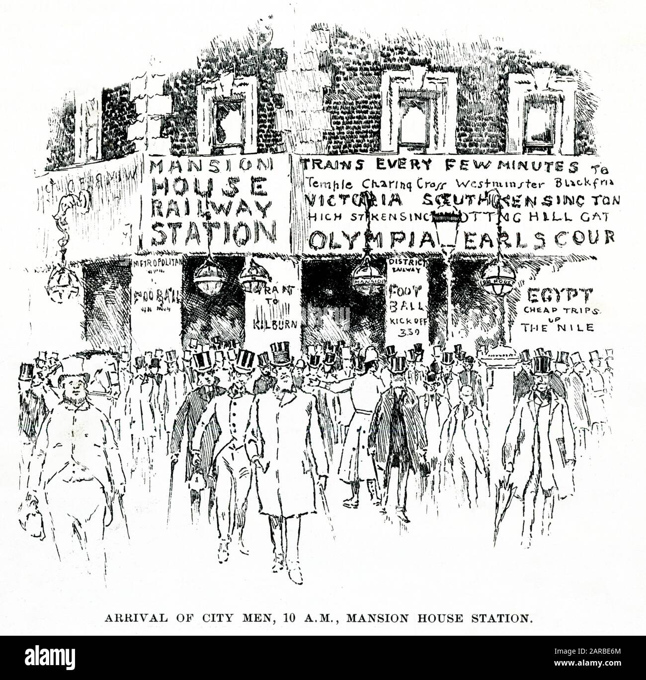 Szene vor der U-Bahn-Station Mansion House in London, in der die Ankunft der Stadtarbeiter in ihren Tophüten um 10am Uhr gezeigt wird. Stockfoto