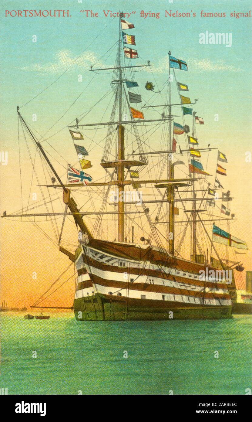 Portsmouth, Hampshire - HMS Victory Flying Nelsons berühmtes Signal („ENGLAND VERTRAUT (erwartet), DASS JEDER MANN SEINE PFLICHT TUN WIRD“ Stockfoto