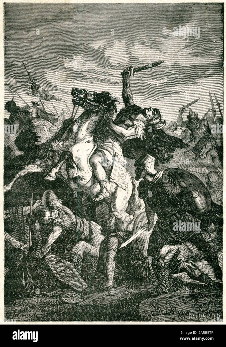 Die Karthager besiegen die Römer in der Schlacht von Cannae während der Punischen Kriege. Der Tod des Konsuls Lucio Emilio Paolo (Lucius Aemilius Paullus) während der Schlacht. Stockfoto