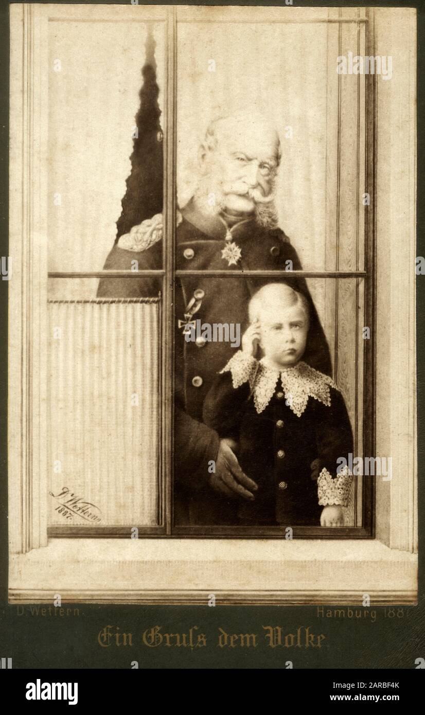 Kaiser Wilhelm I (1797-1888) und sein Enkel - der zukünftige Kaiser Wilhelm II (1859-1941) winkten (scheinbar) den Massen zu - „Ein Gruß an das Volk“. Stockfoto