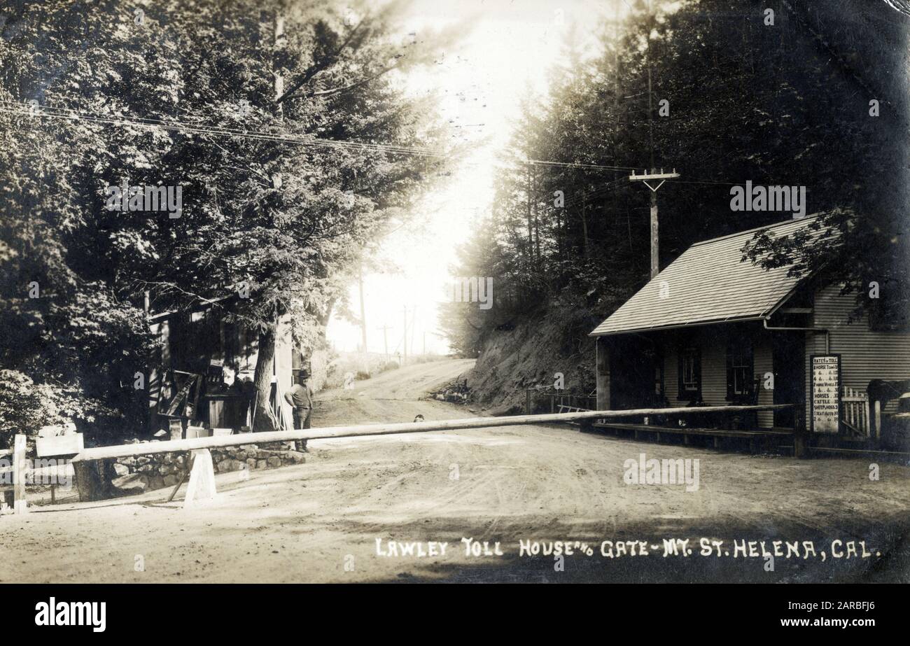 Lawley Tollhouse and Gate, Mount St Helena, Kalifornien, USA, mit Preisangaben auf der rechten Seite. Stockfoto