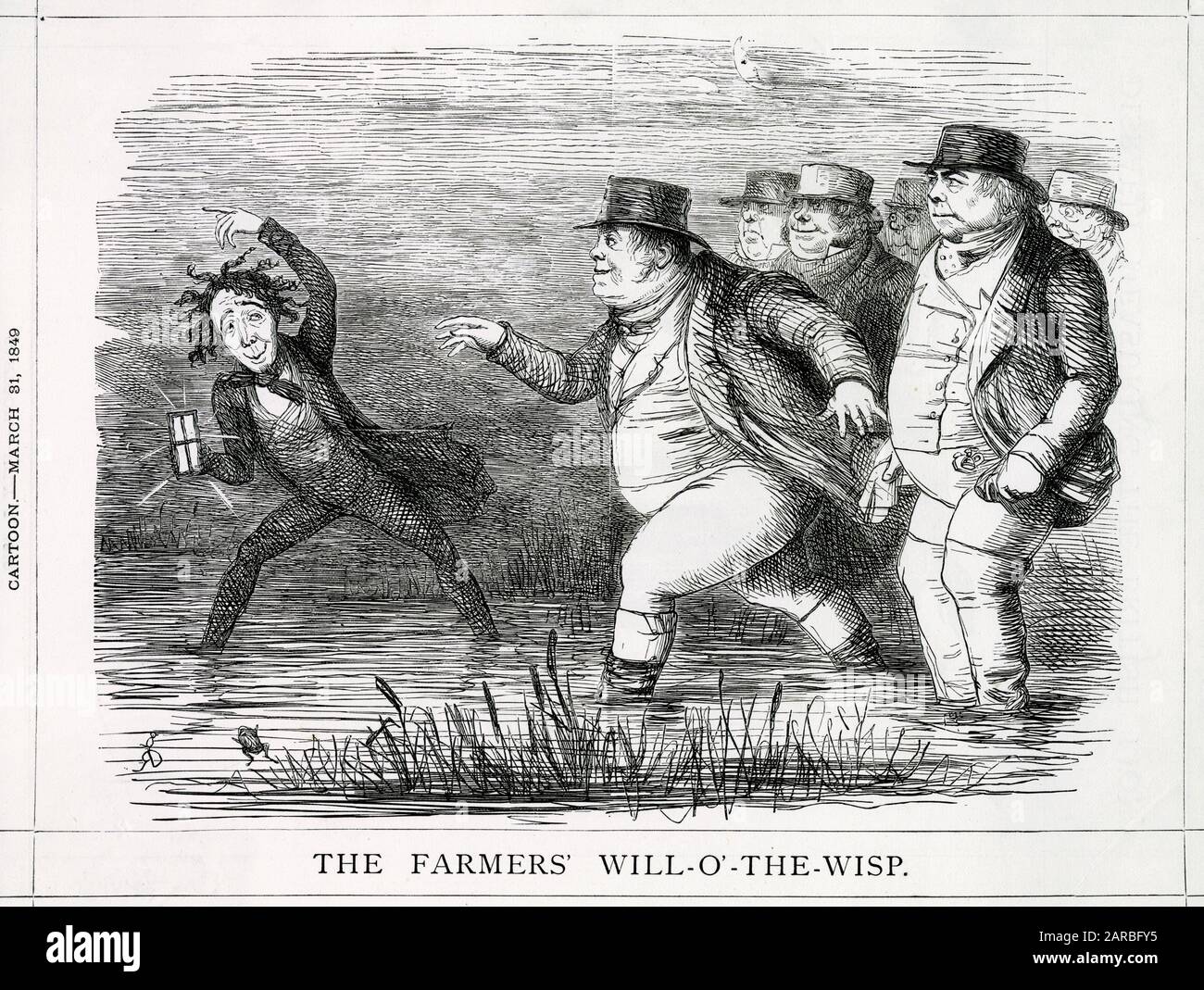 Cartoon, der Wille-O-the-Wisp der Bauern – satirische Stellungnahme zu Benjamin Disraeli und seiner Entschließung zur Lokalbesteuerung, in der die landwirtschaftlichen Interessen dem des Immobilienbesitzes untergeordnet wurden. Stockfoto