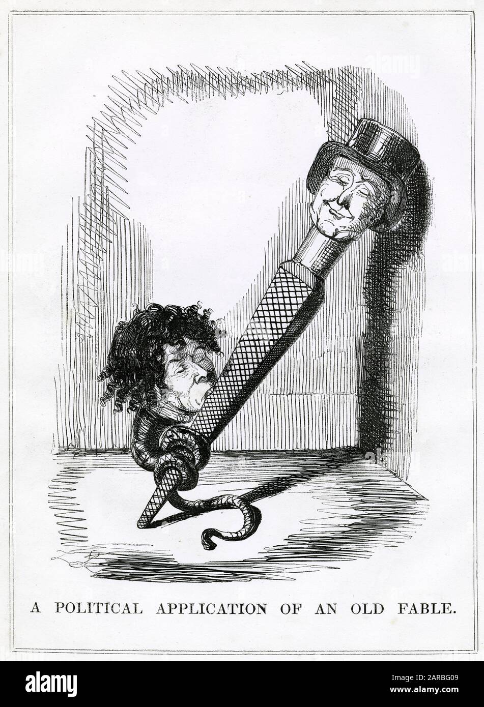 Cartoon, Eine politische Anwendung einer alten Fabel - ein satirischer Kommentar zu Benjamin Disraelis Angriffen auf den Premierminister, Sir Robert Peel. Stockfoto