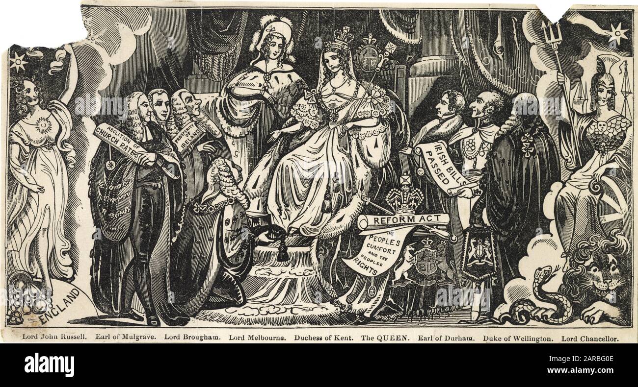 Cartoon, Königin Victoria und ihre Minister - (von links nach rechts) Lord John Russell, Graf von Mulgrave, Lord Brougham, Lord Melbourne, Herzogin von Kent (Mutter), Königin Victoria, Graf von Durham, Herzog von Wellington, Britannia und der britische Löwe. Themen, die zur Diskussion stehen, sind die Abschaffung der Kirchentarife, der Wohlstand Irlands, ein Reformgesetz (Erweiterung des Franchise-Abkommens) und die Verabschiedung irischer Gesetzesentwürfe. Stockfoto