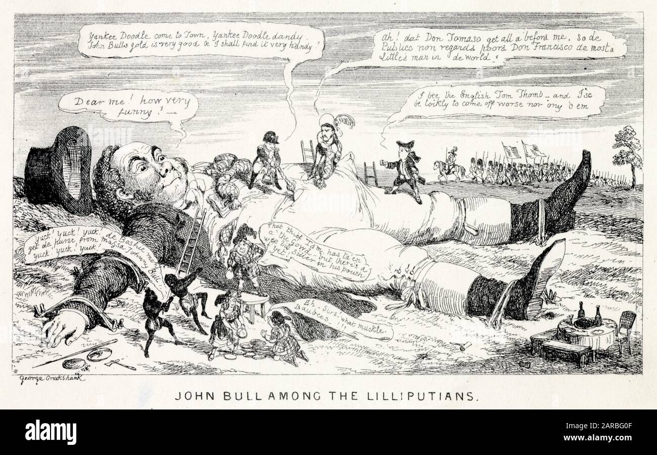 Cartoon, John Bull unter den Lilliputianern -- ein satirischer politischer Kommentar zu den Beziehungen zwischen Großbritannien und anderen Ländern, mit Vorschlägen zur Ausbeutung. Stockfoto