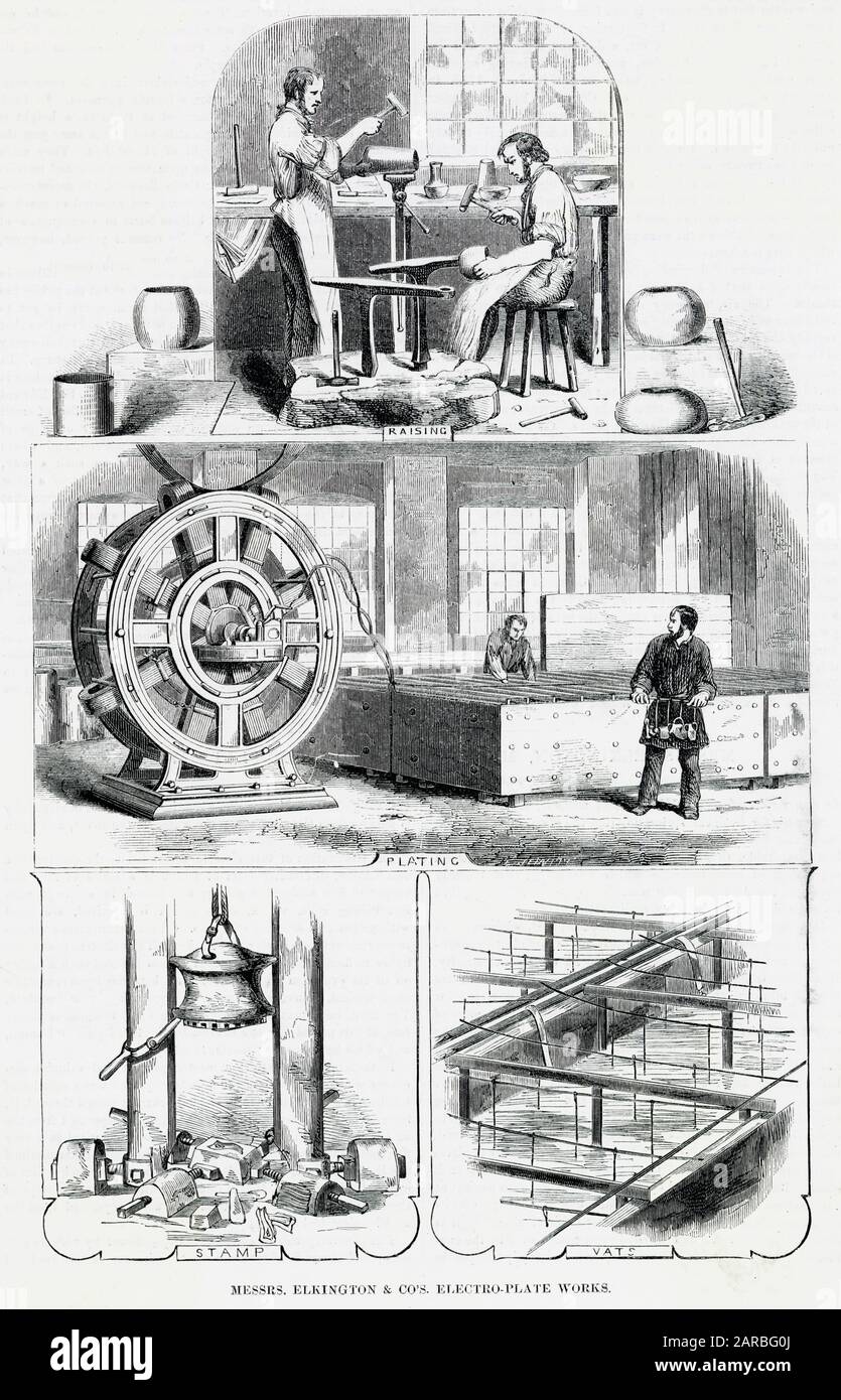 Szenen aus Elkington & Co, Electro-Plate Works, Birmingham – Aufhellung, Beschichtung, Stempeln und Fässer. Stockfoto