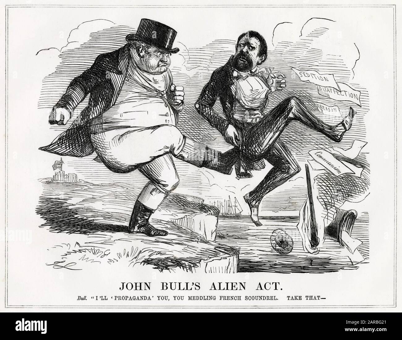 Cartoon, John Bull's Alien Act -- ein satirischer Kommentar zu einem Vorfall, der sich am 10. April 1848 ereignete, als ein Franzose schreien hörte, dass alle Engländer Feiglinge seien, wofür er von einem Metzgerjungen niedergeschlagen wurde. Stockfoto