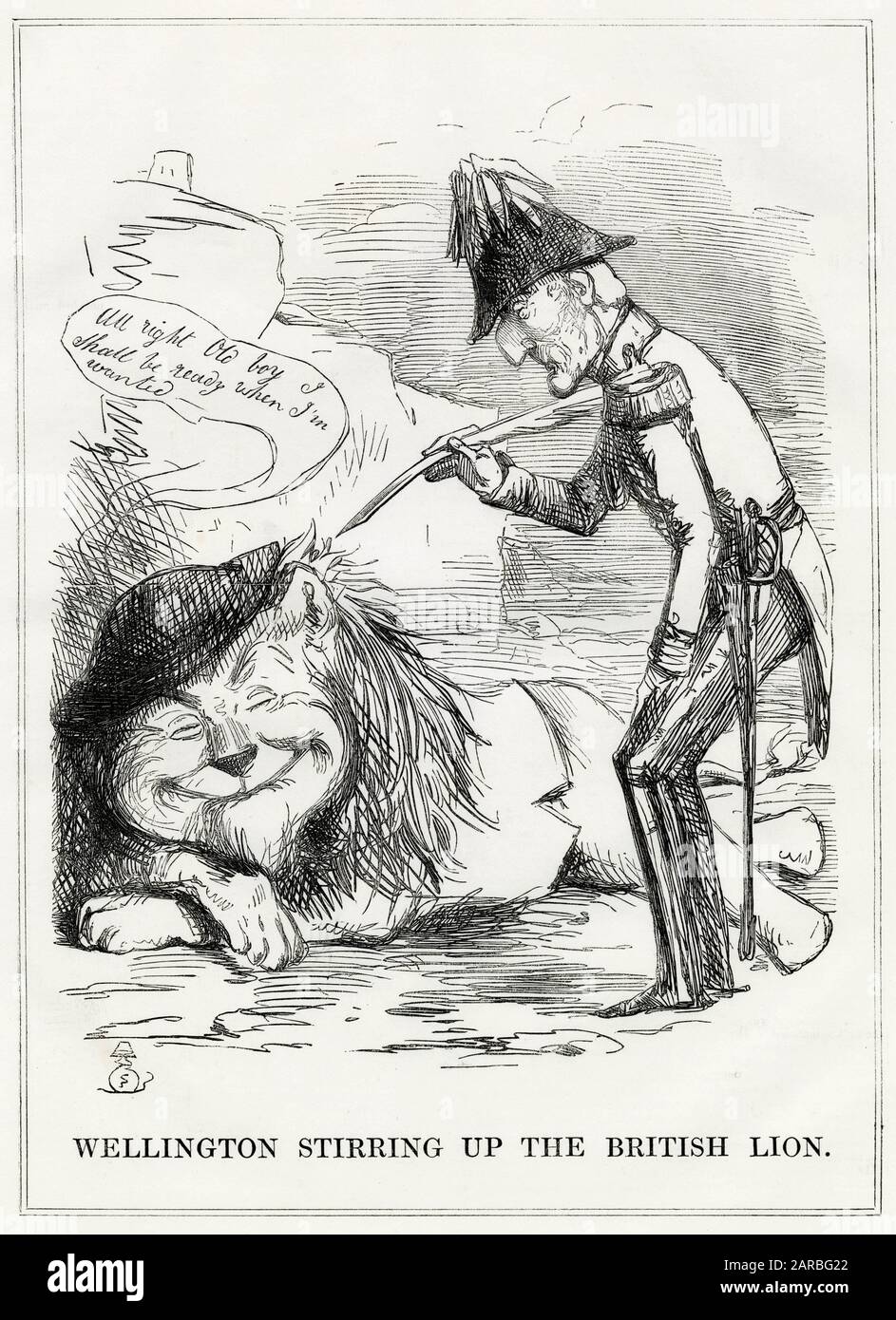 Cartoon, Wellington, der den britischen Löwen aufrührt -- mit der Drohung einer französischen Invasion, döbelt der Löwe unbesorgt, sagt dem Herzog, dass er bereit sein wird, wenn er gesucht wird. Stockfoto