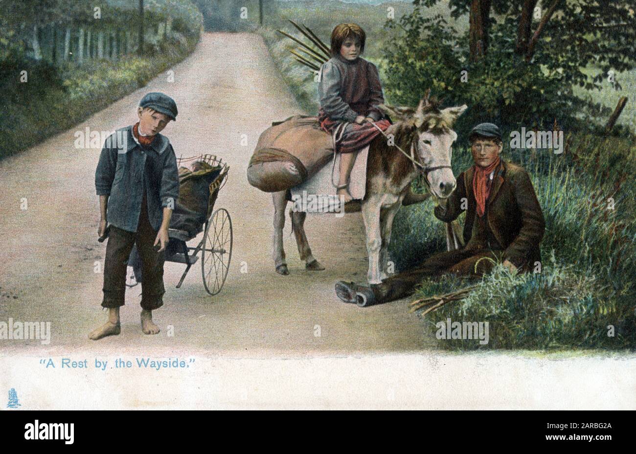 Eine Pause am Wegesrand - Eine arme englische Landfamilie macht eine Pause von ihren Reisen zu Fuß und mit dem Esel. Stockfoto