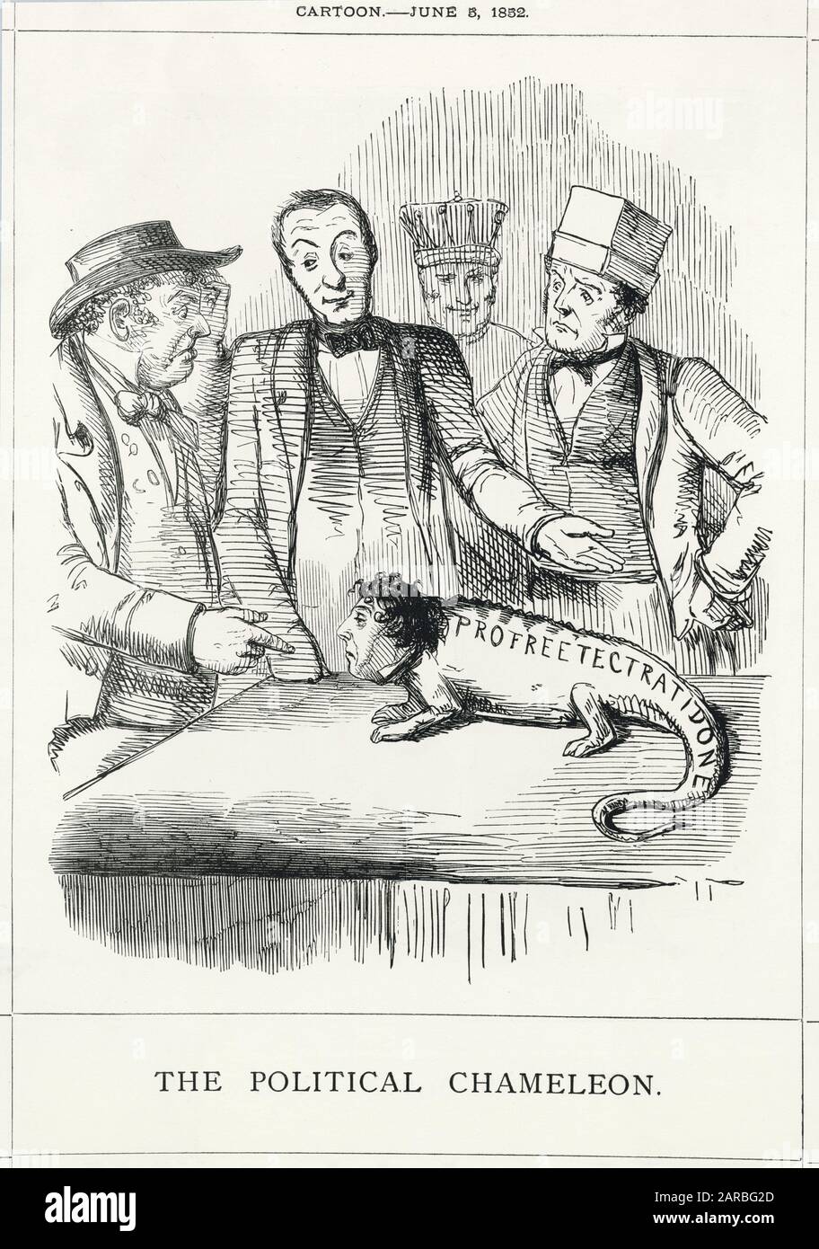 Cartoon, das politische Chamäleon – satirischer Kommentar zu Benjamin Disraelis Fähigkeit, die Loyalität seiner Partei von Protektionismus zu Freihandel zu ändern, in Erwartung einer bevorstehenden allgemeinen Wahl. Stockfoto