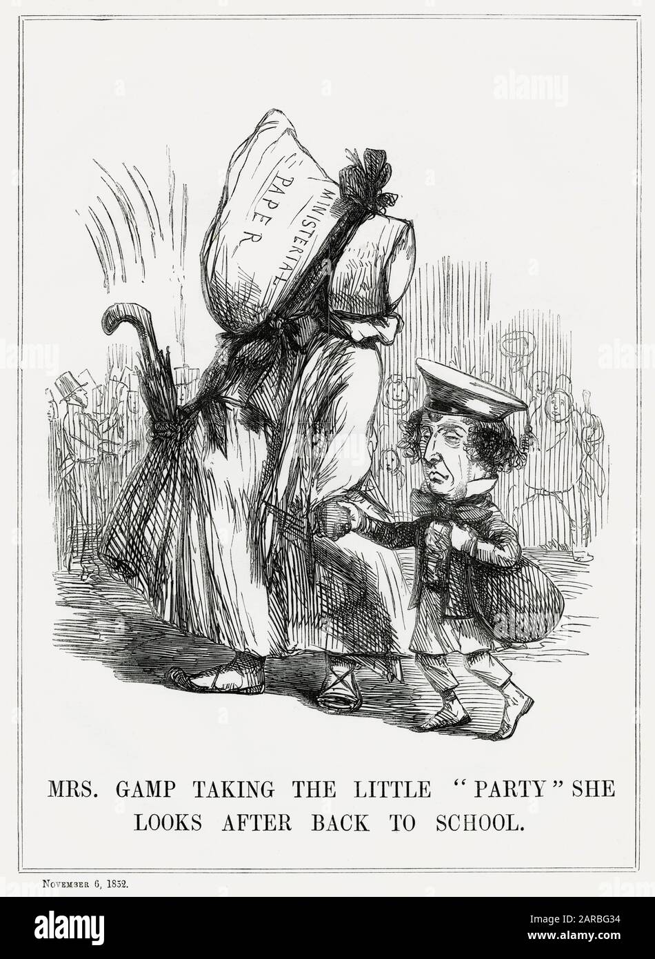 Cartoon, Mrs. Gamp nimmt die kleine Party, auf die sie sich aufpasst. Zurück in die Schule. Eine satirische Bemerkung zur Morgenzeitung Herald (hier vertreten als die Dickens-Figur, Frau Gamp), auf die Benjamin Disraeli und seine protektionistische Fraktion sich bei der Medienförderung verlassen haben. Stockfoto