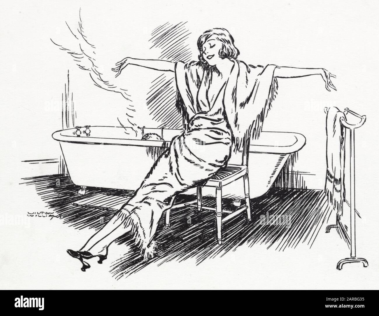 Eine Dame sieht nach einem dampfenden heißen Bad wie Entspannung aus. Eine von vielen Illustrationen, die in den 1920er Jahren von führenden Illustratoren des Tages für Comfort Soap gemacht wurden. Stockfoto